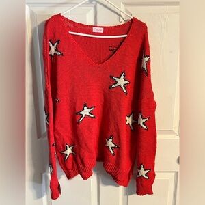 Pink Lily Red V-Neck Sweater with Star Design